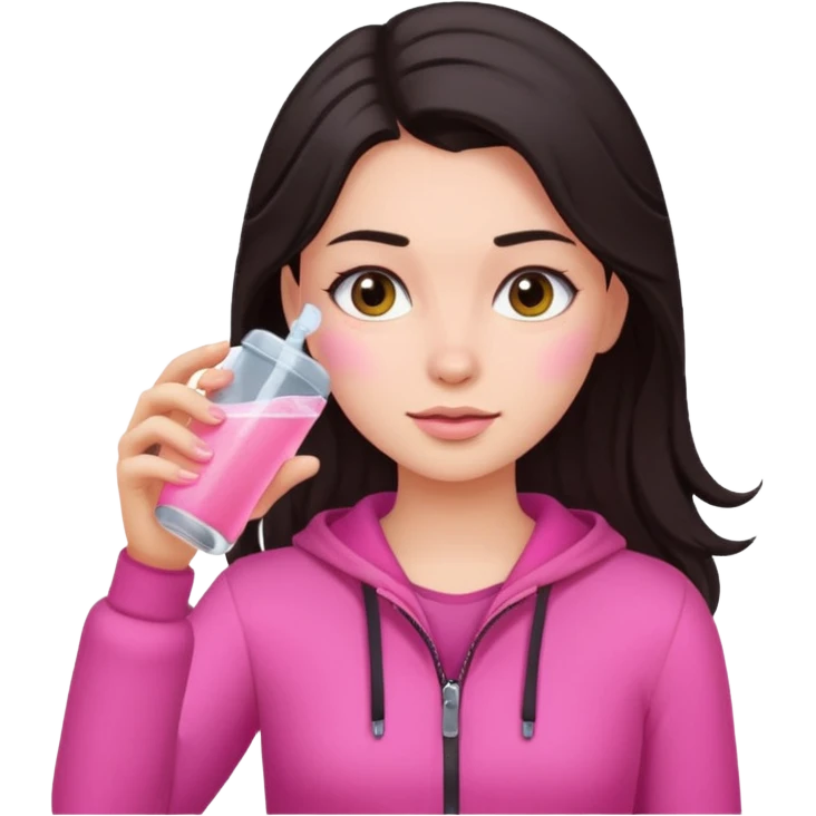 Emoji de menina de cabelos escuros hidratando o cabelo com roupas rosa emoji