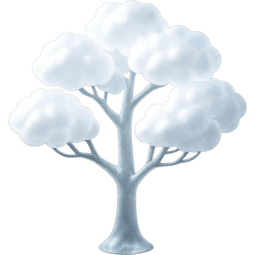 one tree with many branches and a white trunk, crown made of small very bright white fluffy convex clouds, matte glass style emoji