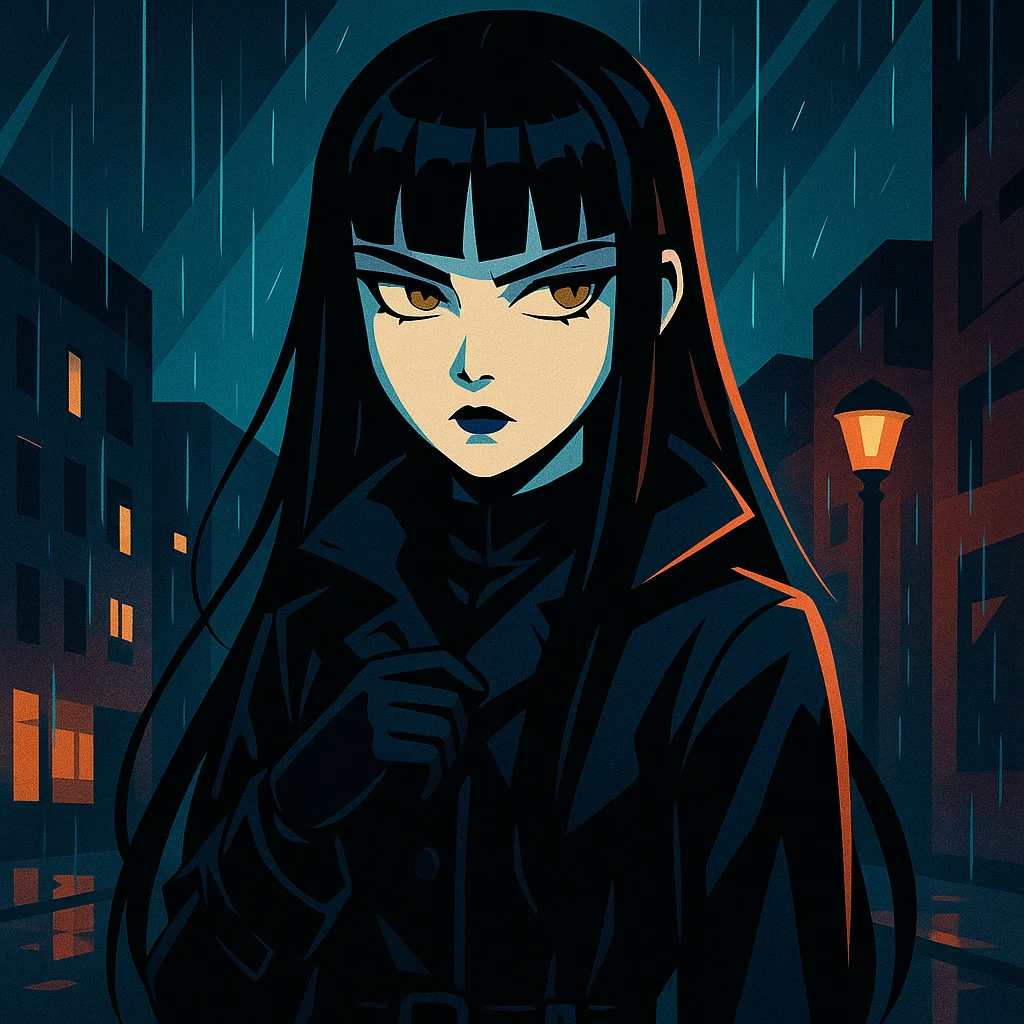 gothic shoujo anime girl named EchoMoon, long black hair, sharp bangs, pale skin, amber green eyes, cold expression, dark raincoat, gloves, standing in rainy urban setting, dramatic lighting, ultra-detailed, moody, dark palette emoji