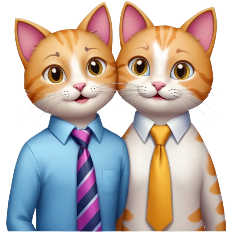 happy girl cat with eyelashes wearing a colorful necktie and happy boy cat wearing a professional necktie standing together and holding paws, both with loving expressions emoji