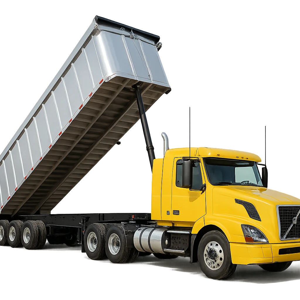 long silver end dump trailer hooked to a Volvo yellow semi sleeper truck, trailer in dump position, photorealistic style, crisp details emoji