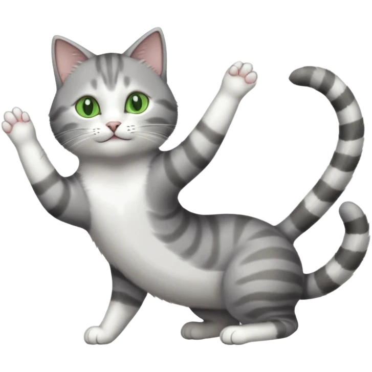 grey and white cat with green eyes doing a big extremely long stretch reaching up into the air with arms and legs side by side together straight and overextended emoji