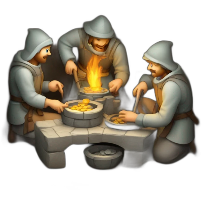 inside of a medieval mint showing different people working creating coins with a furnace emoji