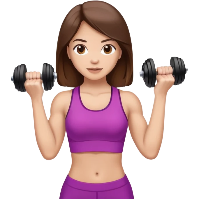 mulher morena clara com cabelos castanhos, segurando dois halteres nas mãos emoji