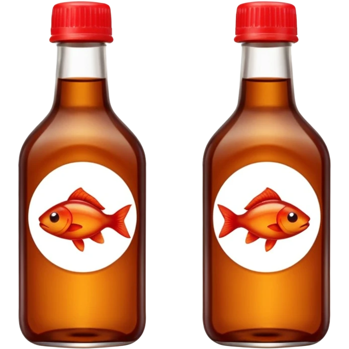 small glass or plastic bottle of fish sauce filled with amber-brown translucent liquid, simple clean shape, narrow neck, red or neutral cap, no label or branding, glossy fluid sauce with slightly oily sheen, soft lighting, subtle shadows, transparent background, emoji scale emoji