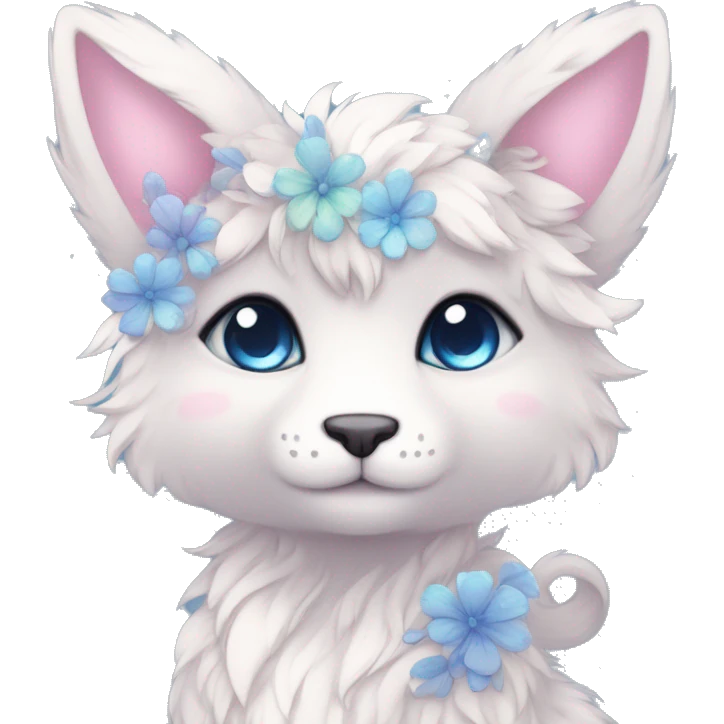 Anthro Cute Cool Pastel Kawaii gorgeous sparkly ethereal fantasy animal creature with blue eyes furry sona with flowers and ribbons beautiful aesthetic emoji
