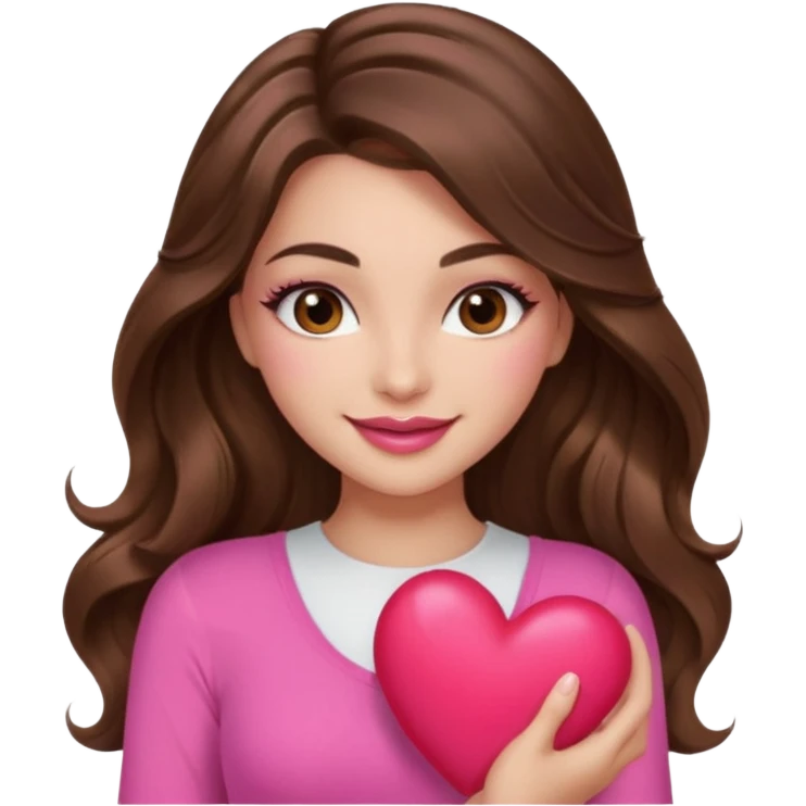 girl with long wavy brown hair, brown eyes, long lashes makeup, sexy pink lips, light to medium complexion, wearing a pink sexy top, smiling, holding a big heart emoji