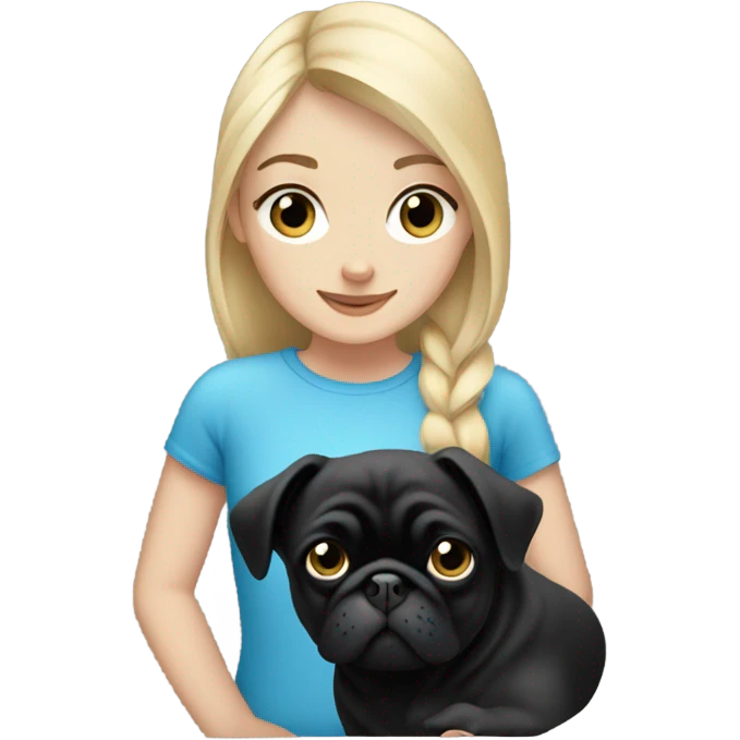Girl with blonde hair and blue eyes holding a black pug emoji