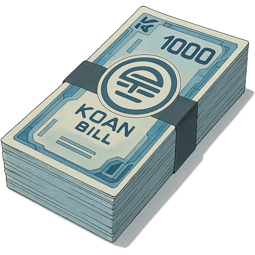 a neat bound stack of blue-and-white banknotes, koan bills , 90s futuristic, the band is dark gray emoji