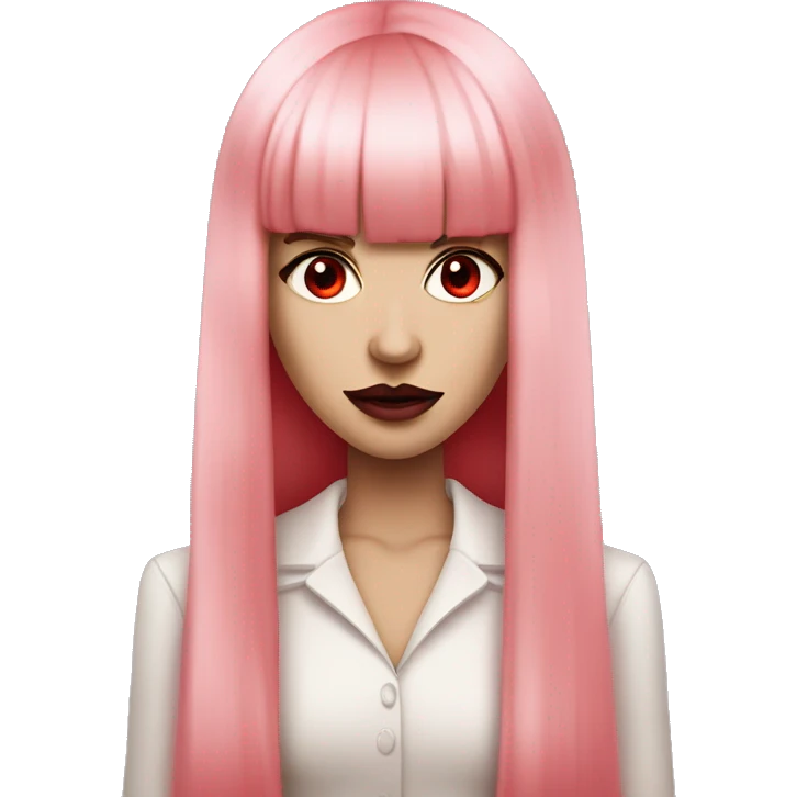 beautiful vampire woman with long hair  pastel pink straight bangs and red eyes wielding radar emoji