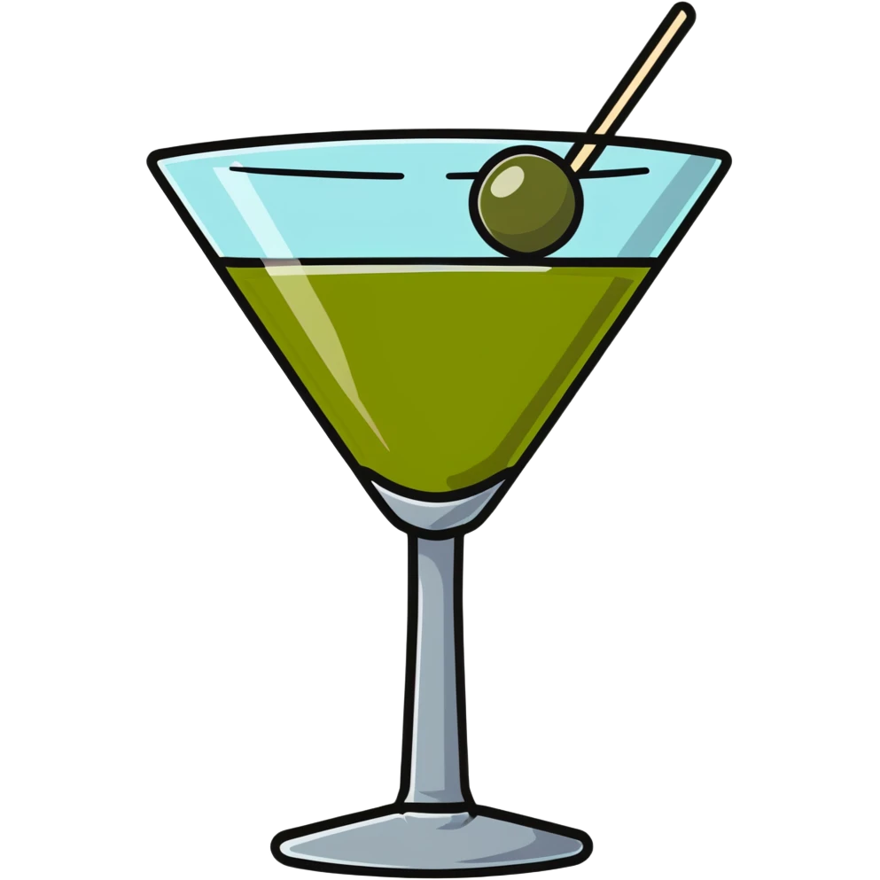martini glass with crystal clear transparent liquid and an olive at the bottom skewered by a toothpick emoji