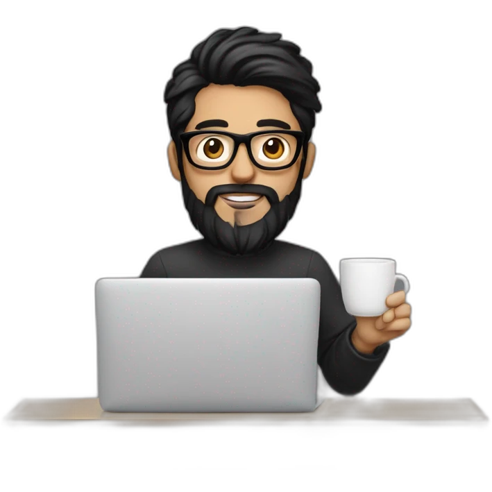 Designer with black hair, beard and glasses working with MacBook and drinking cappuccino  emoji