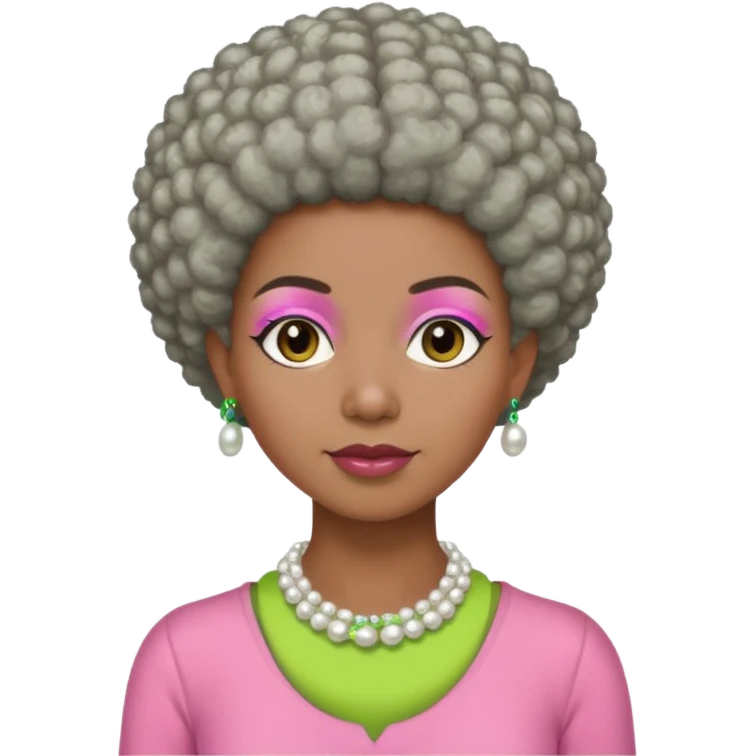 Brown woman with very short gray Afro  wearing pink and green outfit and pearl necklace  emoji