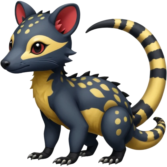 Rare warm-colored exotic cute epic aesthetic colorful Salandit-Civet-species-Fakemon-hybrid-creature, with markings, full body emoji