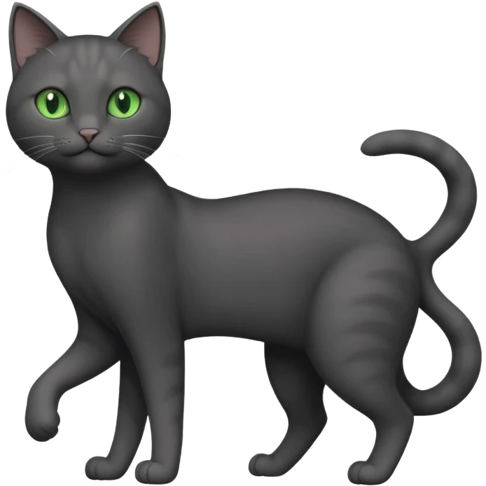 full body gorgeous solid dark grey cat with green eyes, white paws and white whiskers stretching emoji