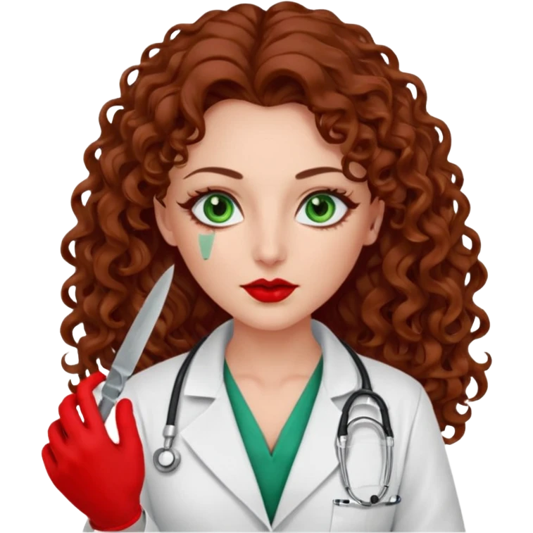 Lilith scalpel sexy evil woman. She has green eyes.  had brown long curly hair.  evil surgeon kills holding scalpel.  wears sexy doctor coat with red gloves. Covers nose, neck  and mouth with Muslim red berka emoji