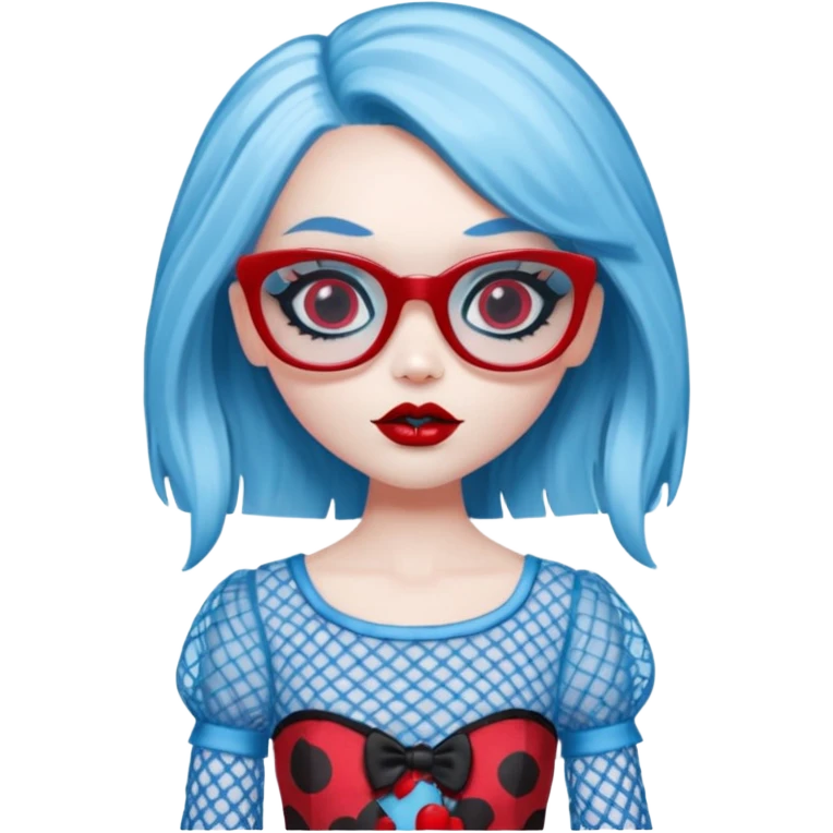 Ghoulia yelps monster high doll in scene/emo style cherry print dress with fishnet sleeves, clothes, thin, small, red, rectangle glasses, pale white-blue skin emoji