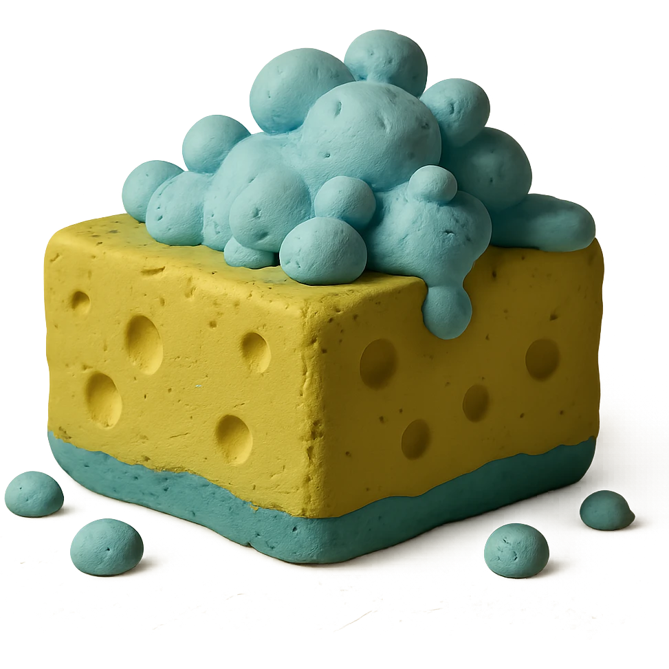 cleaning sponge with soap bubbles, pastel palette, visible clay texture in claymation style emoji