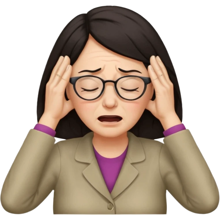 middle aged woman with dark hair and glasses covering her ears, wincing in pain because the sound is terribly loud and hurting her ears emoji