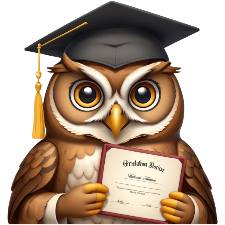 Owl smiling with graduation hat and diploma in claws emoji