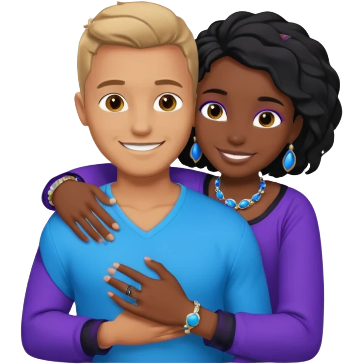 Tan European male wearing blue and smiling and hugging a jet black African girl in purple clothes with blue jewelry emoji
