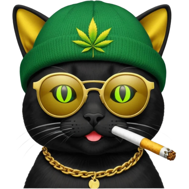 A black cat wearing the deal with it shades and a rasta beanie and smoking a joint and wearing a gold chain that says 420 and the words High Time at the top of the image emoji