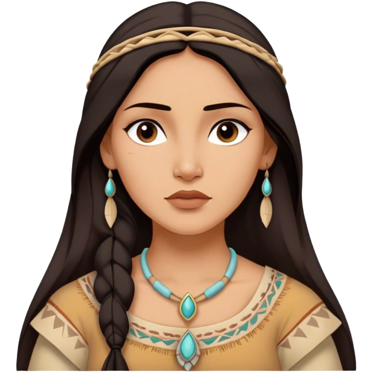 Cinematic Timeless Pocahontas Portrait Emoji, rendered in a realistic, vector style. Depict Pocahontas with warm, glowing skin, naturally flowing dark hair, and a serene, gentle expression, wearing traditional garments in muted earth tones. The design features bold, clean proportions, a soft, inviting glow, and a subtle glowing outline that captures her enduring natural beauty. emoji