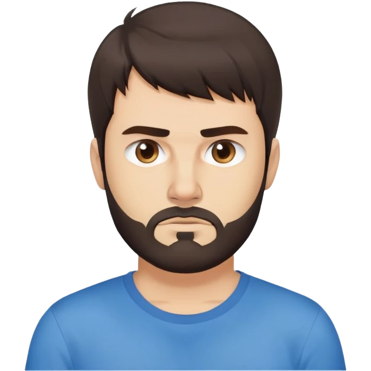 Caucasian Argentine man with straight dark brown hair, loose hairstyle with bangs, short full beard, serious-neutral expression, basic blue t-shirt emoji