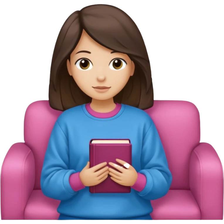 Una chica linda de cabello oscuro con ondas hasta los hombros de piel blanca con una sudadera rosa en un sofá cómodo y hermoso leyendo la biblia emoji