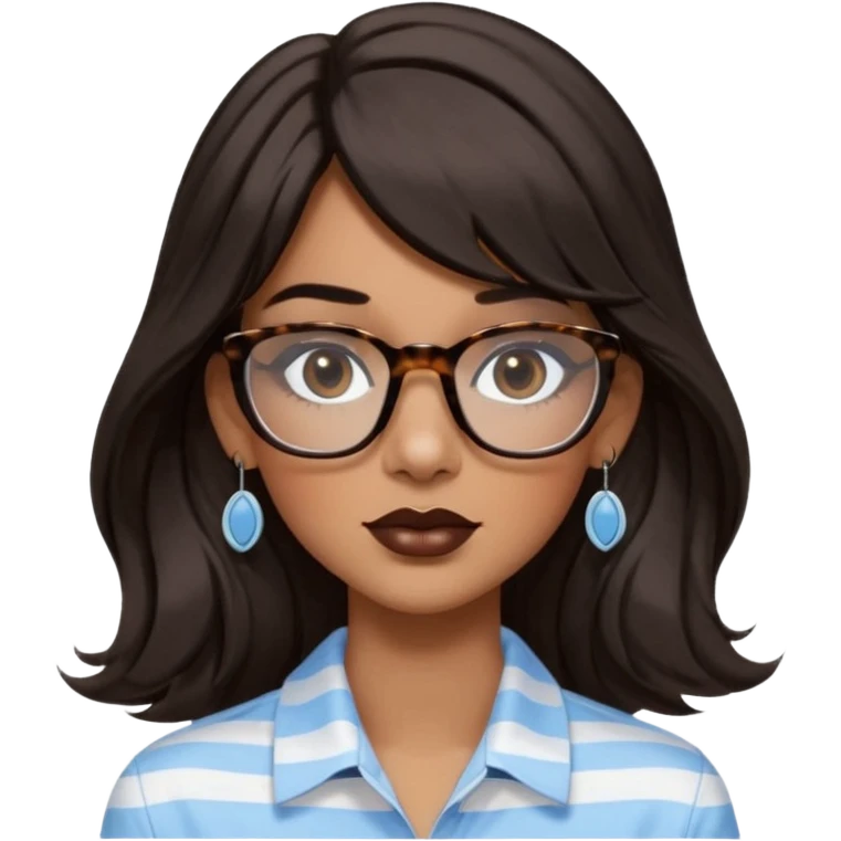 An emoji featuring a woman with very long wavy dark brown hair and a whispy straight bang, wearing thick tortoise square shaped glasses, drop earrings. She has long lashes, black eyeliner and a nude browny glossy lipstick. She's wearing an oversize light blue shirt with white vertical strips.  emoji