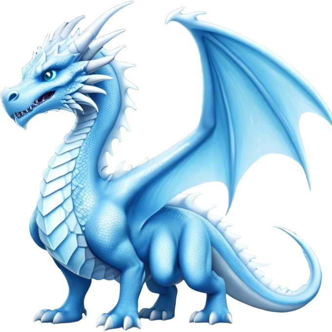 Cinematic Noble wise elegant Ice Dragon full body  Emoji, Poised and imposing, distinct long elegant snout, with a slender, scaled body shimmering in glacial hues of icy blue, frostbitten silver, and crystalline white, breathing out frost, with piercing, glowing ice blue white eyes that radiate the chilling depths of an arctic storm; rendered in detail. excuding wisdom emoji