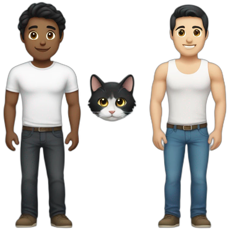 Gay couple, 1 guy Latino black straight black hair and 1 Australian white guy with blonde slightly curly hair holding a cat emoji