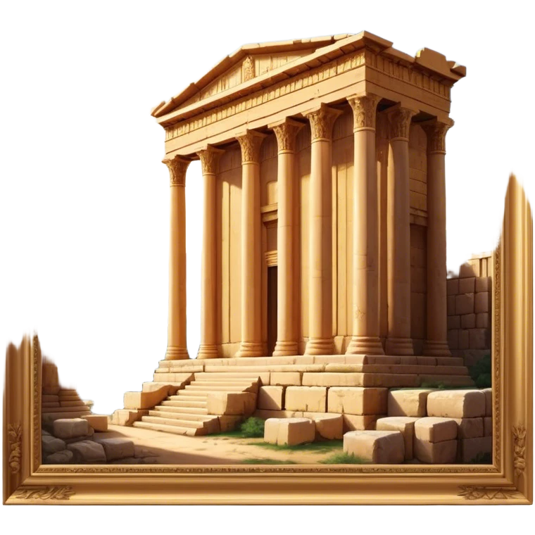 Baalbek temple – Cinematic Realistic Baalbek Temple, depicted as an ancient Roman temple complex with towering columns and intricately carved stone details, bathed in golden sunlight and dramatic shadows that evoke timeless historical grandeur. emoji