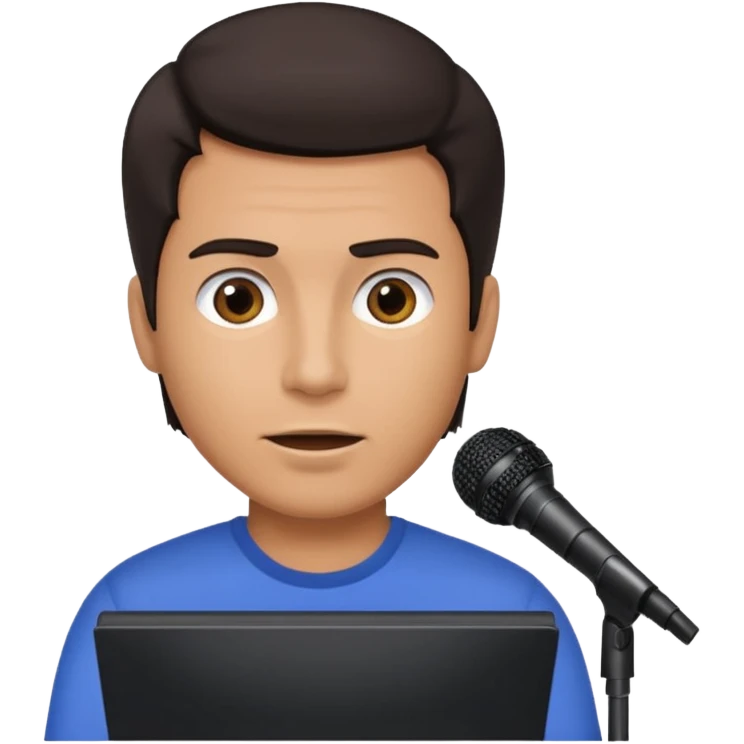 A man speaks into a microphone, and there is a prompter screen in front of him. emoji