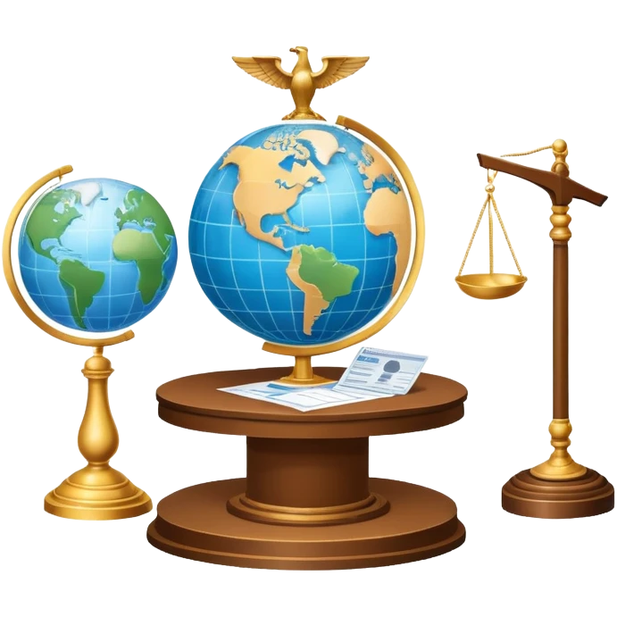 An icon featuring a podium with a speaker, a ballot box with a voting slip, and a globe, symbolizing political science. The design includes scales of justice and a world map in the background, representing governance and global politics. Transparent background highlights political analysis. emoji