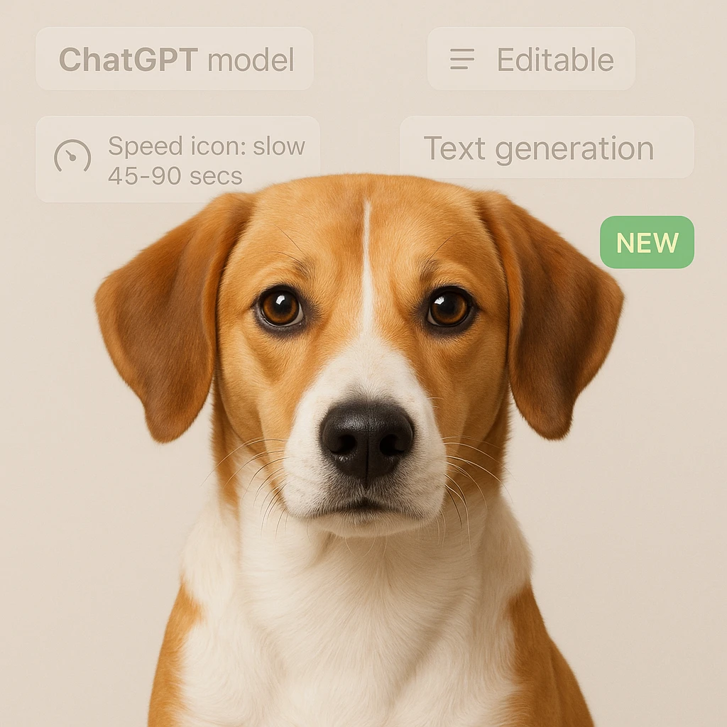 1:1 image of a dog for web UI, with tags 'ChatGPT model', 'Speed icon: slow 45-90 secs', 'Editable', 'Text generation', 'New' subtly blended into the background in a seamless, website-friendly style emoji