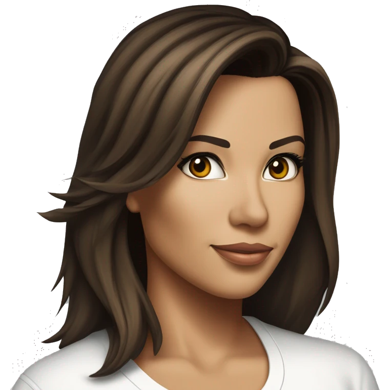 3/4 face, contrasted, shadow, light, Eva Longoria expression, standing from a distance, thin nose, brunette woman, hazel eyes, long eyelashes, dark shoulder shaded hair, white t-shirt, jeans, white sneakers emoji