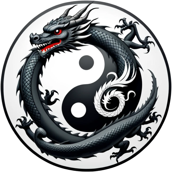 An icon symbolizing Eastern martial arts in the style of an emblem, featuring a black-and-white Yin-Yang symbol and a dragon at the center, surrounded by elements like a dojo. Transparent background highlights balance and power. emoji