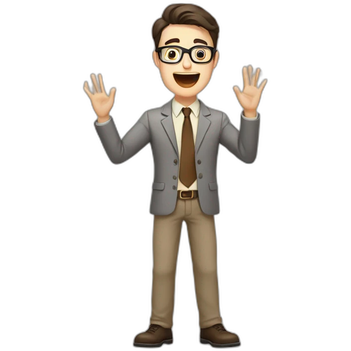 To belt Actively gesturing with hands Pale skinned fit man teacher with dark brown hair in gray jacket, beige office shirt, brown tie, brown pants and vintage glasses. emoji