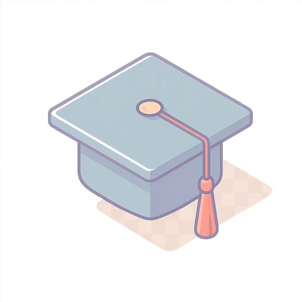 academic graduation cap with red tassel, 2D isometric style, clean lines, soft shadows and highlights, minimalist eastern accent, pastel palette #98B5BC, #B5B3C1, #C9A3C9, #E4C0CA, #F7DCD1, #F7C0AA, transparent background emoji