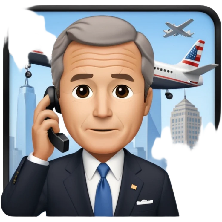  emoji of the world trade center with a plane crashed into it and george bush on a phone in front of them emoji