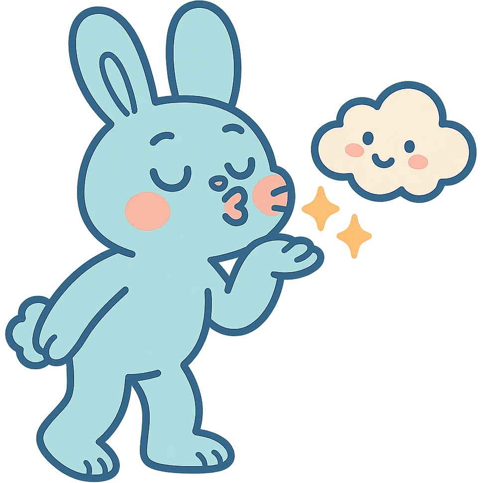 pastel blue bunny with cloud, blowing a kiss with sparkles, pastel-toon style emoji