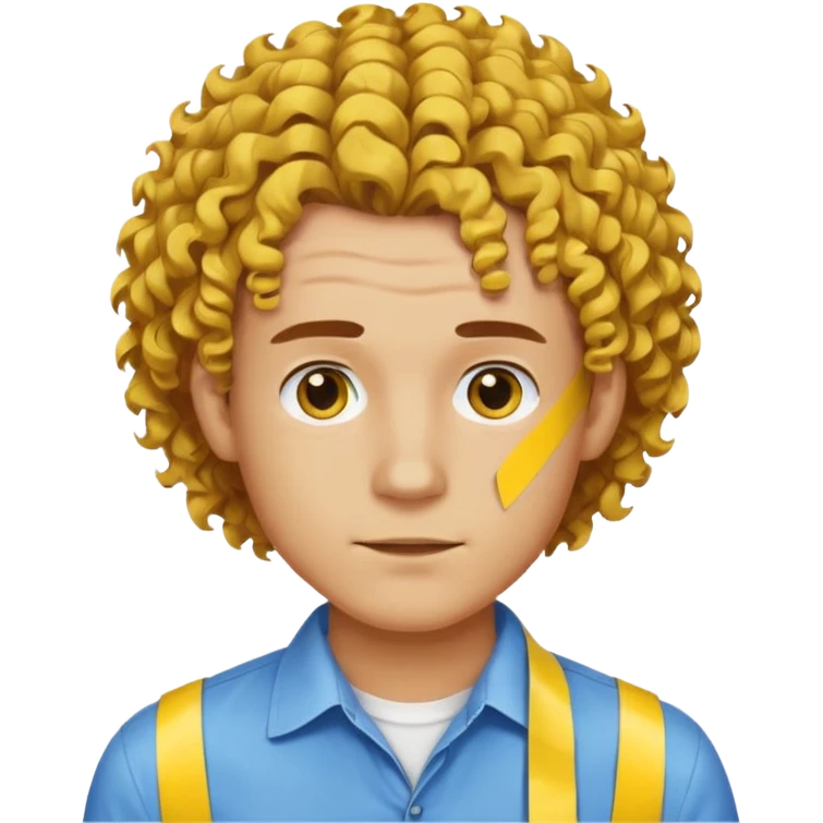 Make me an emoji that has a guy with a white shirt and yellow tape around the shirt with brown and blue spots hair make the hair curly make the yellow tape go around it emoji