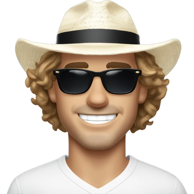 Antoine Griezmann close face smiling wearing a white elegant shirt, a staw panama hat and black sunglasses.  emoji