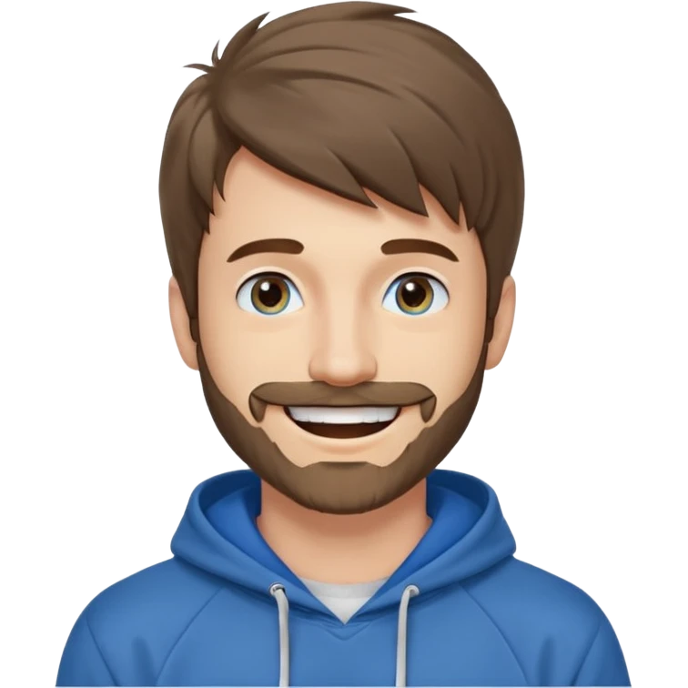 25 year old man, short scruffy beard and thin moustache, brown puffy mullet, blue eyes, big smile, white teeth, big lips, pronounced jaw, hair longer in back, sticking up on top, thin face, grey hooded sweatshirt, pale skin, big smile emoji
