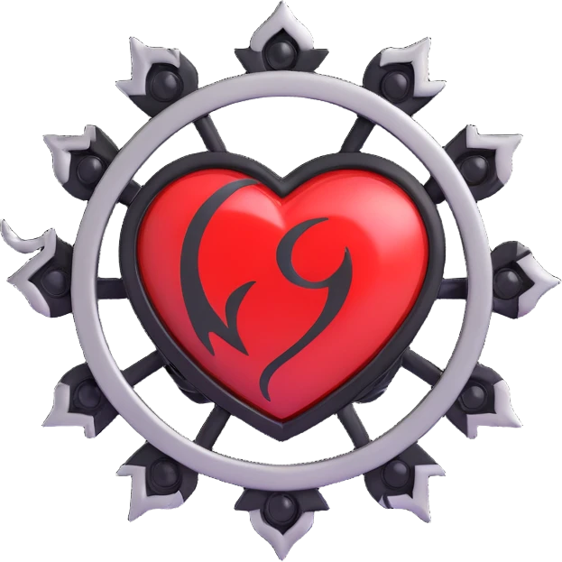 Create a 3D realistic style black Naruto fire symbol brooch with a black heart, silver details, and a red stone. The image should have a transparent background and a realistic 3D appearance. emoji