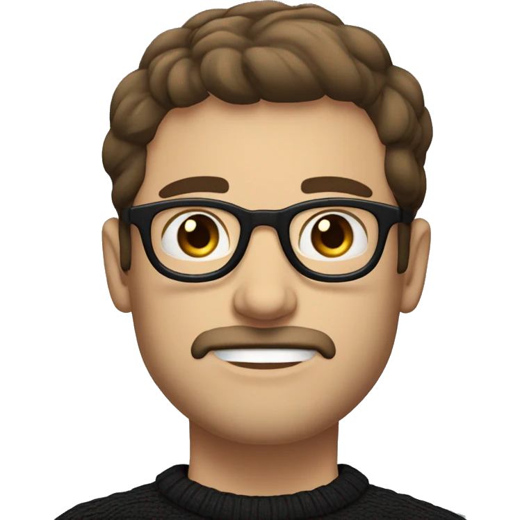 Guy, brown hair, moustache with soul patch and short beard, blue eyes, round glasses, wearing a black jumper emoji