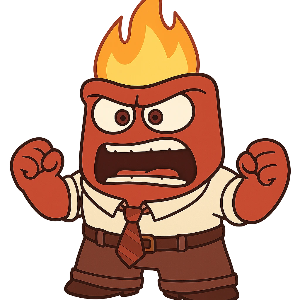 Anger from Inside Out, fiery head, business attire, animated expression, Pixar-inspired emoji