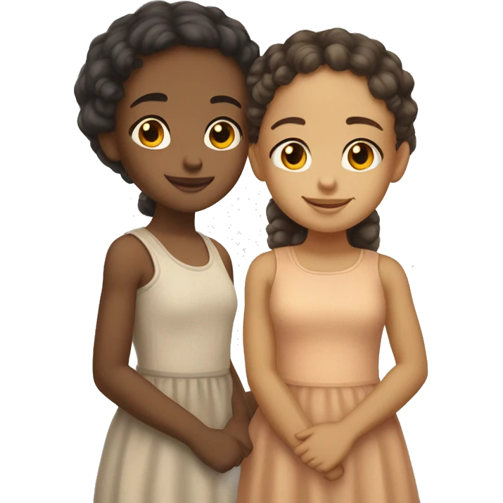 two light skin biracial girls leaning their heads against each others while looking at camera soft smiling emoji
