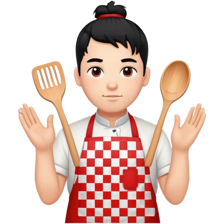 big boy with black hair in a topknot, wearing a white apron with red squares pattern emoji